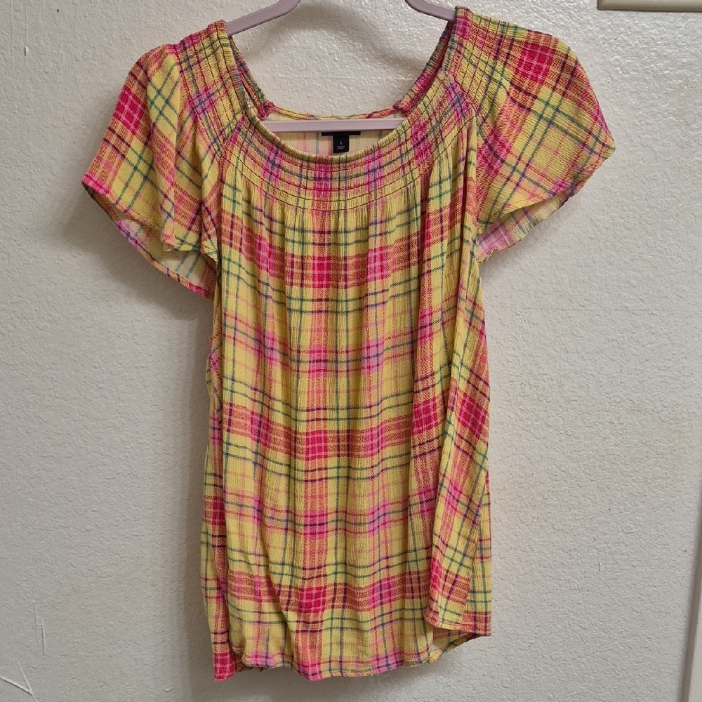 Torrid Yellow and Pink Plaid Blouse